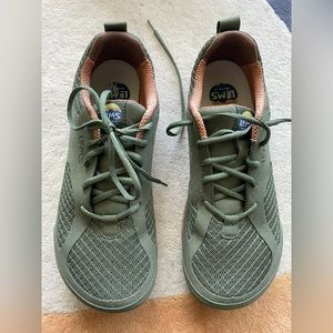 Wide toe box, zero drop shoes. Lems brand out of Colorado. Olive green.